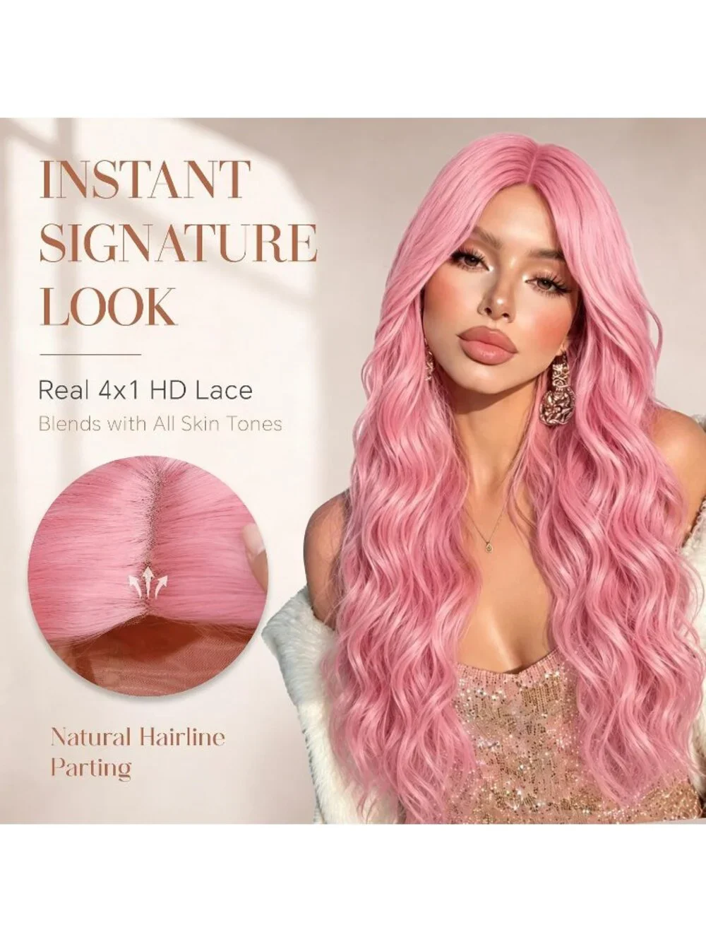Women's Pink 26 Inch Long Synthetic Middle Part Lace Front Wavy Wig
